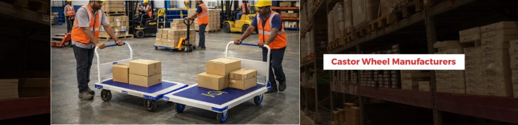 Factory floor material handling with platform trolleys and industrial castor wheels in Bangalore