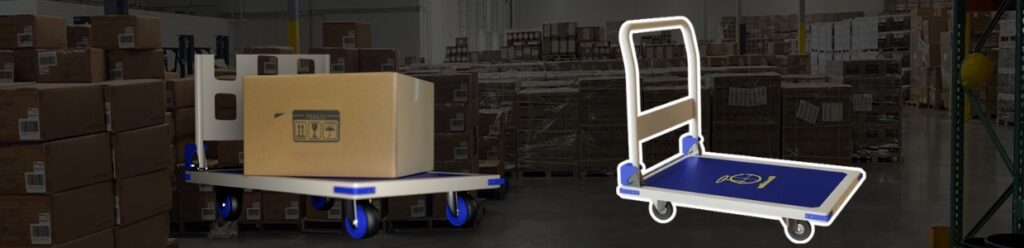 Heavy-duty platform trolley with castor wheels used for material handling in a warehouse