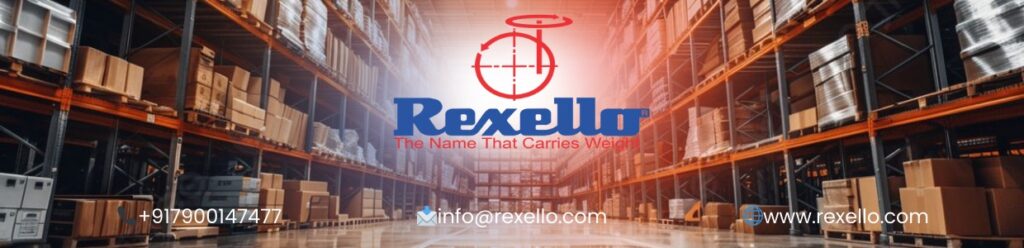 Rexello Castors warehouse showcasing industrial storage and logistics operations with brand logo