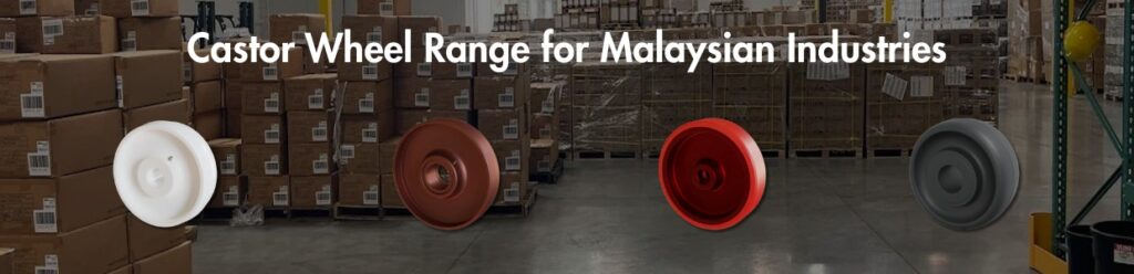 Castor wheel variants displayed for industrial material handling applications in Malaysian warehouses