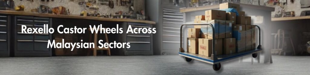 Platform trolley loaded with cartons showcasing castor wheel applications across Malaysian industrial sectors