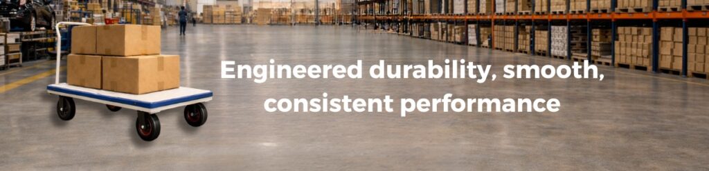 Platform trolley carrying cartons inside a warehouse, demonstrating smooth and reliable material handling performance