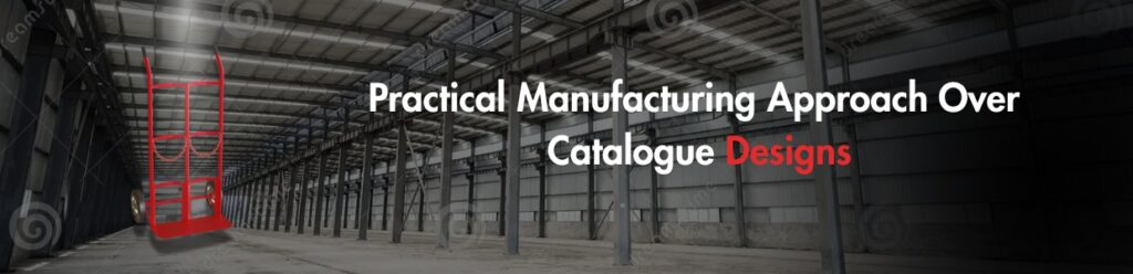 Industrial hand trolley displayed inside a large manufacturing facility, representing a practical engineering-led production approach