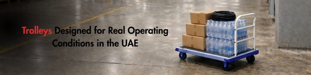 Platform trolley carrying cartons and bottled goods inside an industrial facility, representing real operating conditions in the UAE