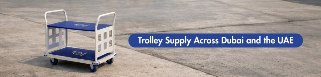 Industrial platform trolley displayed on a concrete surface, representing trolley supply across Dubai and the UAE