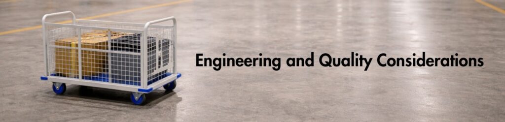 Industrial platform trolley with mesh sides positioned on a warehouse floor, highlighting engineering and quality considerations