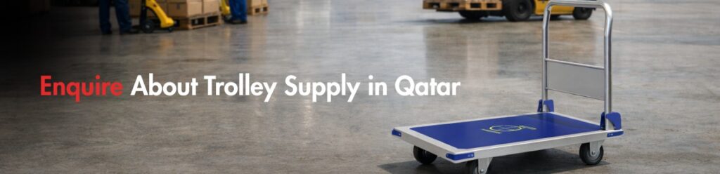 Industrial platform trolley positioned on a warehouse floor, representing trolley supply enquiries in Qatar