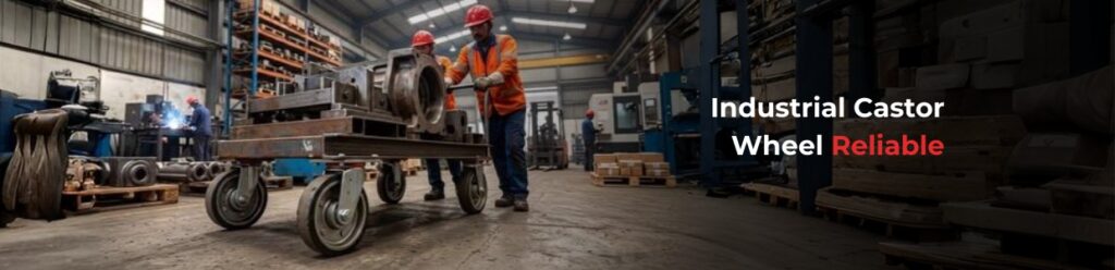 Industrial workers moving heavy machinery on a platform trolley with heavy-duty castor wheels inside a manufacturing facility.