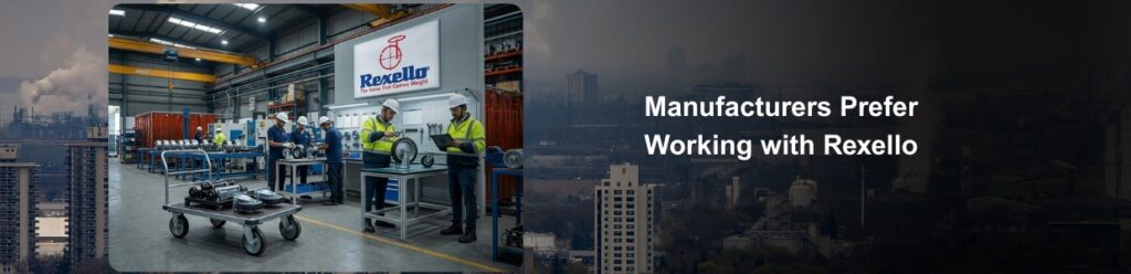 Industrial workers inspecting castor wheels and platform trolley equipment inside a Rexello manufacturing facility.