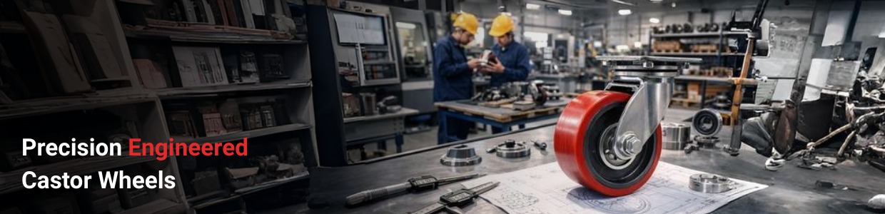 Precision engineered industrial castor wheel displayed in a mechanical workshop with engineers working in the background