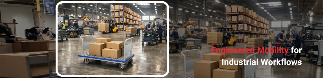 Industrial platform trolley with castor wheels transporting boxes inside a modern warehouse logistics facility