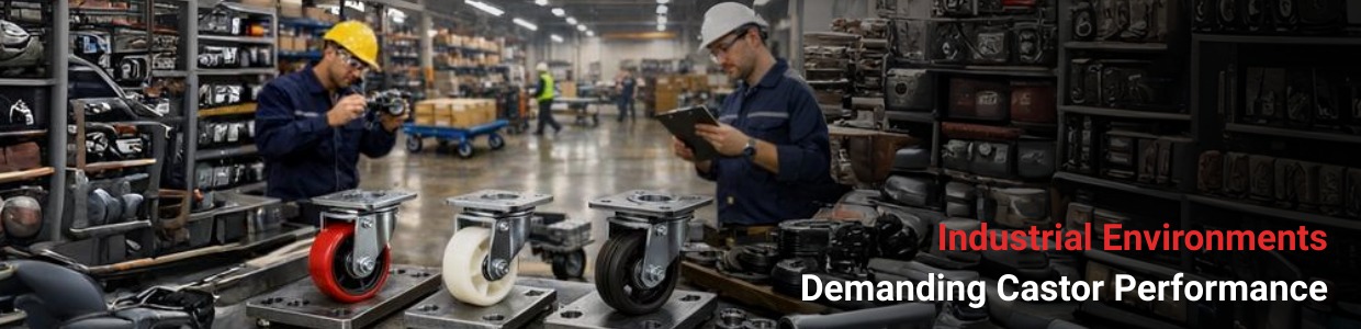 Industrial castor wheels inspection and testing inside a manufacturing workshop with engineers evaluating wheel performance