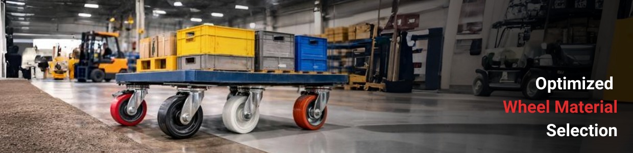 Industrial platform trolley with multiple castor wheel materials used in a warehouse material handling environment