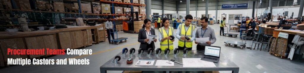 Procurement team evaluating and comparing different industrial castors and wheels in a warehouse environment for material handling selection