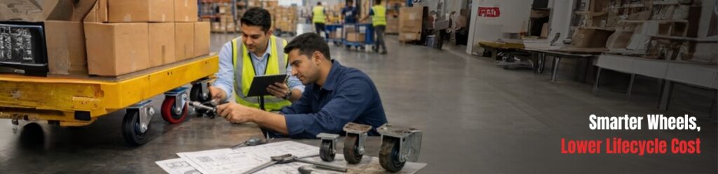 Technicians inspecting and installing industrial castor wheels on a platform trolley in a warehouse to improve performance and reduce lifecycle cost