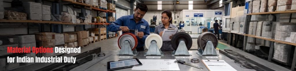 Engineers comparing different material options of industrial castor wheels in a factory setting designed for Indian industrial applications