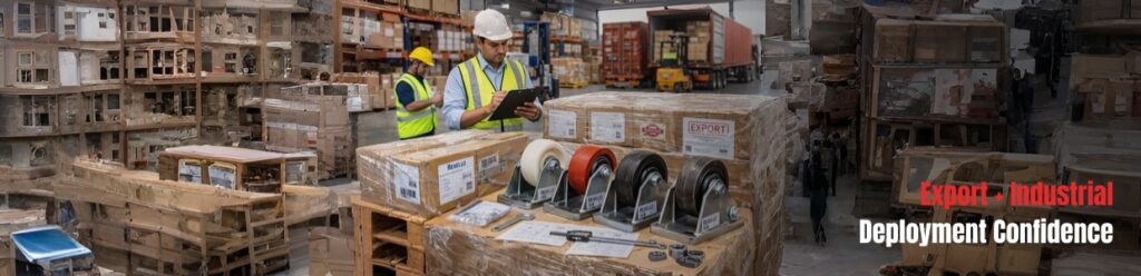 Industrial castor wheels prepared for export with quality inspection in a warehouse, showcasing deployment confidence for global industrial applications