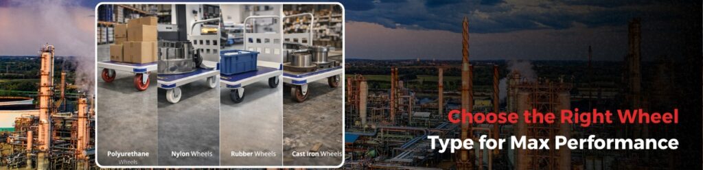 Industrial castor wheel types including polyurethane, nylon, rubber, and cast iron wheels displayed on platform trolleys with refinery background and performance-focused messaging