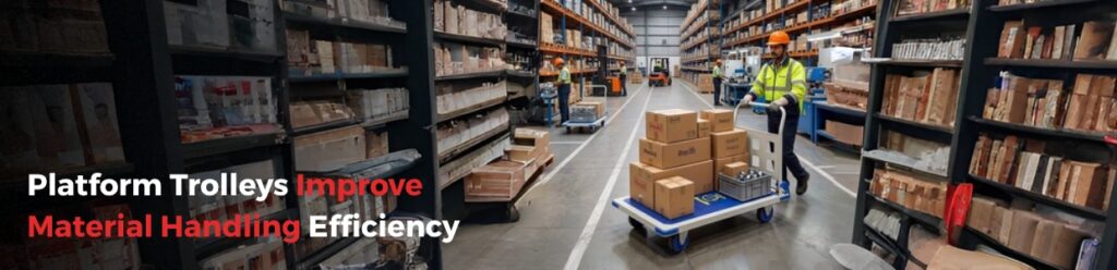 Platform trolleys improving material handling efficiency in a warehouse with workers transporting boxes