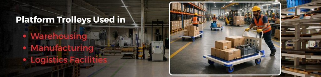 Platform trolleys used in warehousing, manufacturing, and logistics facilities with workers transporting boxes in an industrial warehouse setting