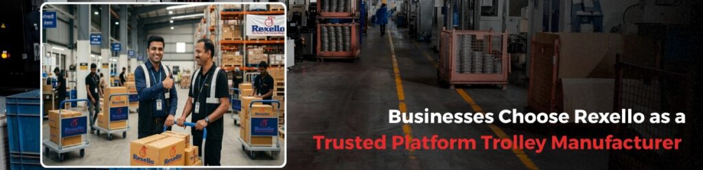 Businesses trust Rexello as a platform trolley manufacturer with warehouse workers using trolleys and a customer showing satisfaction in an industrial setting