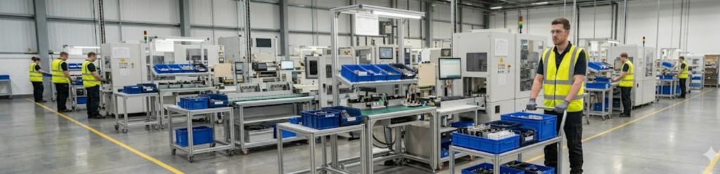 Workers assembling products in a factory with automated machines, using blue bins to transport components along workstations.