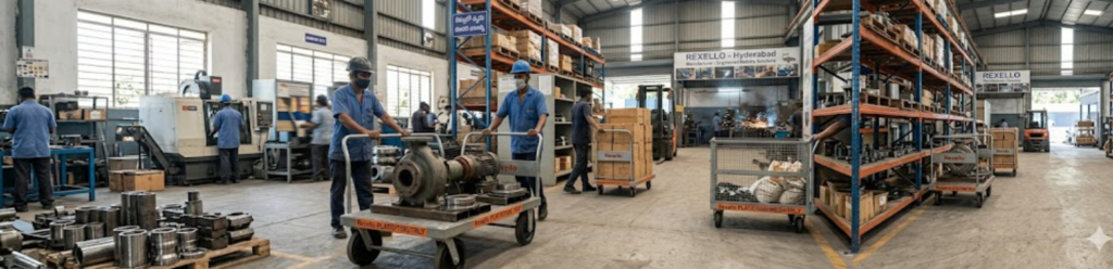 Workers operating machinery and transporting industrial components on carts in a factory warehouse, with organized shelves of parts and equipment in the background.