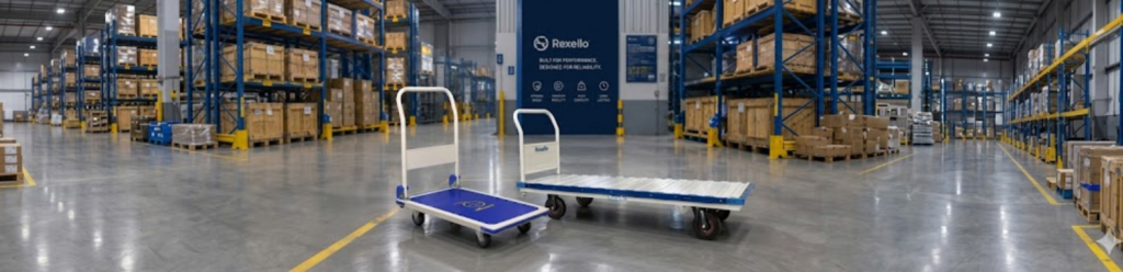A wide-angle view of a warehouse showcasing platform trolleys and neatly organized shelves with stacked boxes, with a focus on Rexello-branded trolleys.