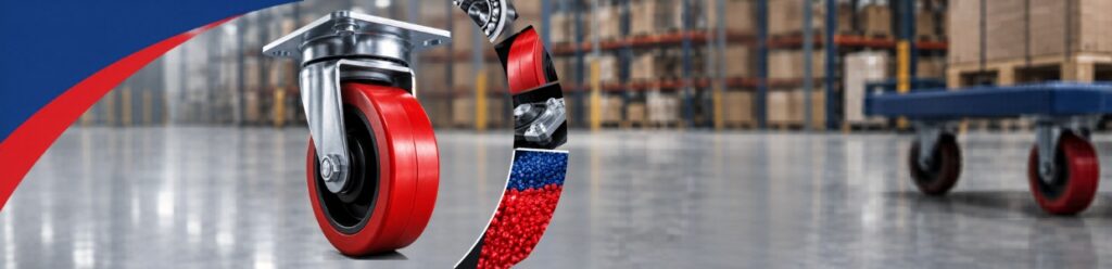 Close-up industrial red castor wheel with warehouse trolley and mobility design elements in a modern logistics setting.