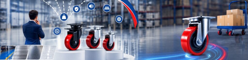 Industrial warehouse showcase featuring multiple castor wheel applications, product display, and mobility solutions with red heavy-duty wheels.