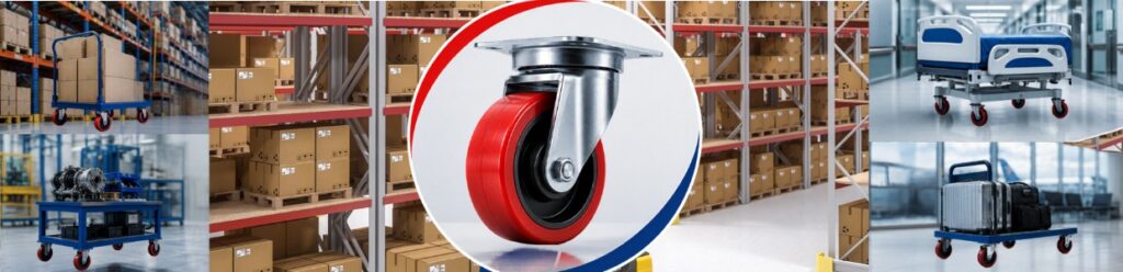 Collage of industrial warehouse trolleys and storage systems featuring red castor wheels highlighting durability, load handling, and mobility solutions.
