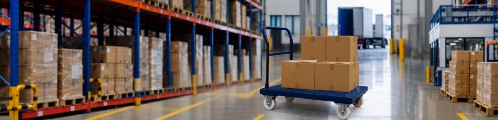 Heavy-duty platform trolley with nylon wheels transporting cardboard cartons in a warehouse for efficient, safe, and reliable industrial material handling.