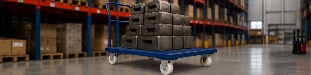 Heavy-duty platform trolley with durable nylon wheels transporting stacked concrete blocks in a warehouse for safe and efficient industrial material handling.