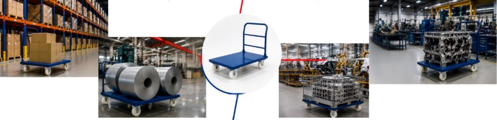 Heavy-duty nylon wheel platform trolley applications for transporting cartons, steel coils, metal cages, automotive components, and industrial machinery in warehouses and factories.