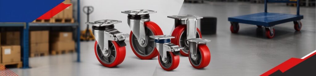 Heavy-duty platform trolley with PU castor wheels in a warehouse for material handling