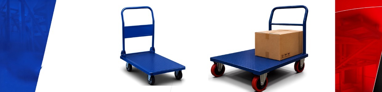 Heavy-duty blue platform trolley with PU castor wheels for warehouse material handling and industrial transport applications.