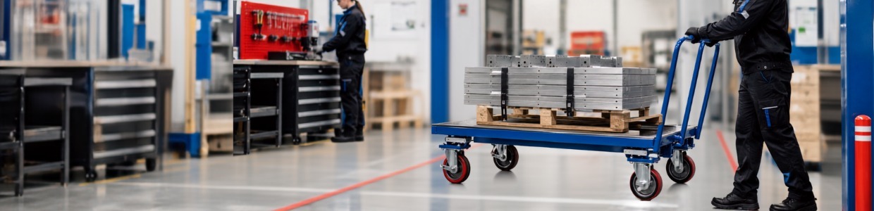 Heavy-duty platform trolley transporting metal sheets with PU castor wheels for industrial material handling and factory operations | Rexello Castor