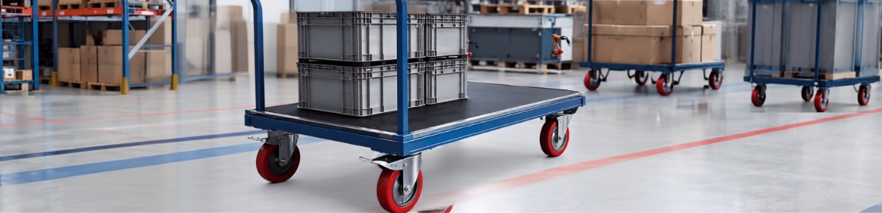 Heavy-duty steel platform trolley carrying storage bins in a warehouse with industrial caster wheels for efficient material handling and transport | Rexello Castor