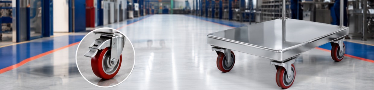 Stainless steel platform trolley with heavy-duty polyurethane caster wheels and locking brake, designed for smooth, safe, and hygienic industrial material handling | Rexello Castor