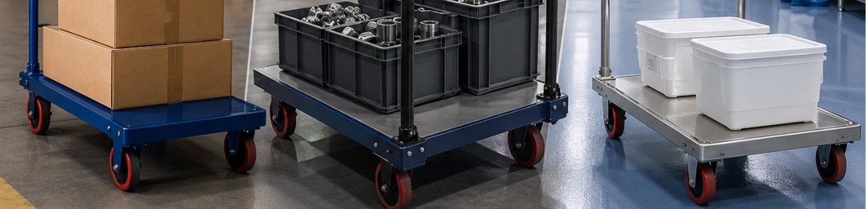 Steel and stainless steel platform trolleys carrying boxes, industrial components, and storage containers in a warehouse, showcasing versatile material handling applications | Rexello Castor