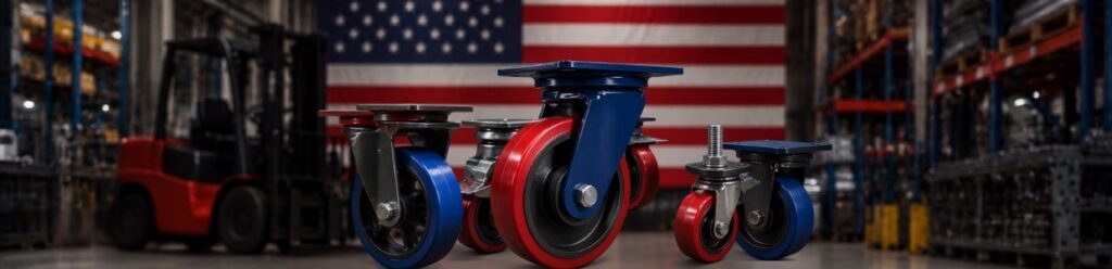 Heavy duty industrial castor wheels displayed in a warehouse environment for material handling equipment, manufacturing, and logistics applications with USA background | Rexello Castor