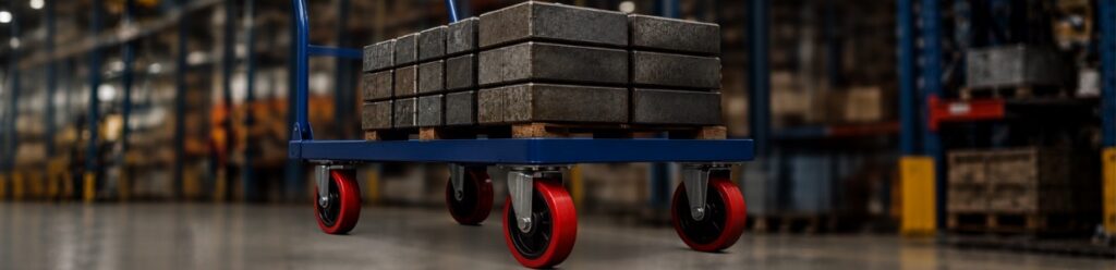 Heavy duty platform trolley with industrial castor wheels transporting stacked metal blocks in a warehouse for material handling and manufacturing operations | Rexello Castor