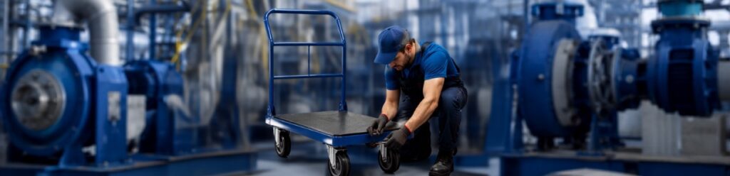 Industrial platform trolley with heavy-duty caster wheels being serviced by a technician in a manufacturing facility, ensuring smooth material handling and reliable mobility | Rexello
