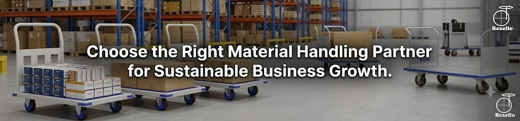 Heavy-duty platform trolleys in a warehouse showcasing efficient material handling solutions for sustainable business growth, logistics, storage, and industrial operations | Rexello