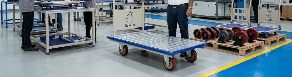 Heavy-duty platform trolley with polyurethane caster wheels in a modern manufacturing facility, showcasing durable material handling equipment for industrial and warehouse applications | Rexello